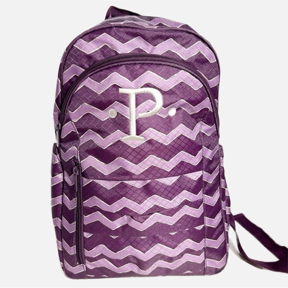 Thirty One Mod Plum Chevron Padded Strapped Backpack Embroider Initial P 💜🤍 - Picture 1 of 9